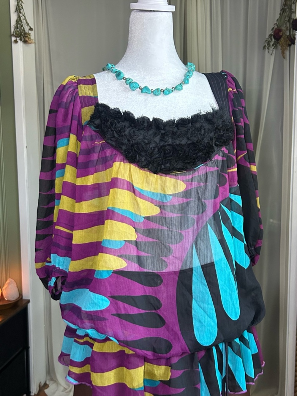 XOXO Multicolor Abstract Puff Sleeve Top in Purple, Teal & Yellow